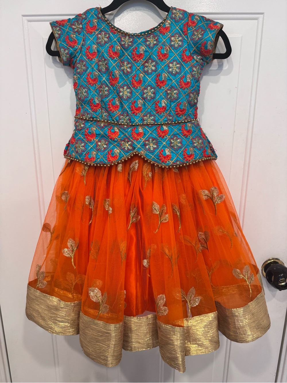 Girls Custom Indian Lehenga Dress Turquoise Orange Gold Embroidered Wedding Form